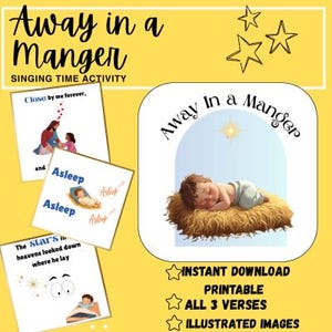 Puede incluir: Un fondo amarillo con el texto "Away in a Manger" e ilustraciones. La imagen incluye un bebé durmiendo en un pesebre, estrellas y tres versos ilustrados. El texto incluye "Descarga instantánea", "Imprimible" y "Los 3 versos".