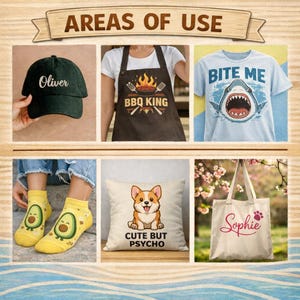 The image is a collage of six different items, including a hat, an apron, a t-shirt, a pillow, a pair of socks, and a bag.