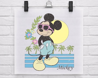 Vintage Sunset Mickey Mouse DTF transfert, vacances d'été Disney prêt à presser, transfert à chaud Disney Beach, sticker vacances en famille Disney