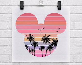 Transfert DTF vacances d'été Disney, tête de Mickey prête à presser, transfert à chaud Disneyland Family Beach Trip, sticker palmier Disney rétro