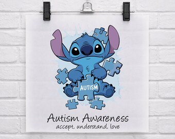 I wear blue for Autism Awareness DTF, Stitch Disney Autism Ready to Press, In April we wear Blue Iron On, Gift for Kids Heat Press