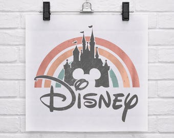 Transfert DTF arc-en-ciel château Disney rétro, tête de Mickey prête à presser, sticker fer à repasser Disneyland, impression Design 2026 Disney, Disneyworld Dtf
