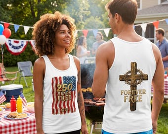 Patriotic Faith Tank Top – 250 Years Free Flag Front & Forever Free Cross Back – Unisex Tank