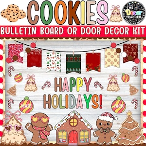 Puede incluir: Un kit festivo de decoración de tablón de anuncios o puerta con la palabra "COOKIES". El kit incluye una pancarta, hombres de jengibre, una casa de jengibre y las palabras "HAPPY HOLIDAYS!"