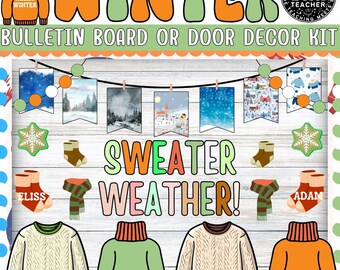May include: A winter-themed bulletin board or door decor kit with the words "WINTER" and "SWEATER WEATHER!" in large, colorful letters. The kit includes illustrated sweaters, socks, scarves, and winter landscape banners. The text "HELLO WINTER" is also visible.