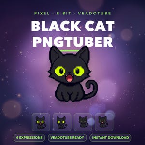May include: A digital pixel art asset featuring a black cat with bright green eyes and an open mouth. The text reads PIXEL 8-BIT VEADOTUBE BLACK CAT PNGTUBER. Below are four small square icons showing the cat with different facial expressions.