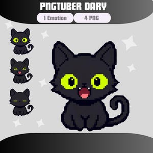 May include: Pixel art illustration of a black cat with bright green eyes and an open mouth. The image includes three smaller cat illustrations with different expressions and the text "PNGTUBER DARY".