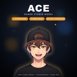 Puede incluir: Una ilustración digital de un personaje llamado ACE, un modelo VTuber gamer con cabello castaño, ojos amarillos y una gorra negra. El personaje viste una camiseta negra y pendientes de aro plateados. Texto: ACE, GAMER VTUBER MODEL, 4 EXPRESSIONS, VTUBER READY, INSTANT DOWNLOAD, PNG TUBER MODEL, TRANSPARENT, HIGH-RES.