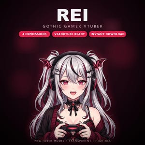 May include: A digital illustration of a character named REI, a gothic gamer VTuber with long white hair, red eyes, and black headphones with bat wings. The character wears a black lace choker and holds a game controller. Text includes REI, GOTHIC GAMER VTUBER, 4 EXPRESSIONS, VEADOTUBE READY, INSTANT DOWNLOAD, PNG TUBER MODEL, TRANSPARENT, HIGH-RES.