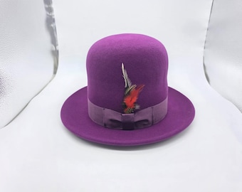 Sombrero bombín extragrande de fieltro de lana - Estilo Erykah Badu con cinta y pluma personalizadas