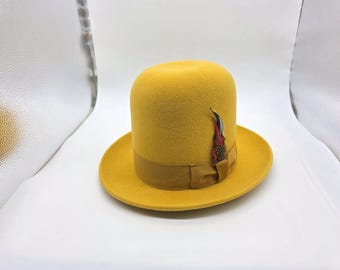 Sombrero bombín alto de fieltro de lana amarillo mostaza, ajuste ajustable