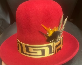 Sombrero bombín extragrande de fieltro de lana - Estilo Erykah Badu con banda y pluma personalizadas