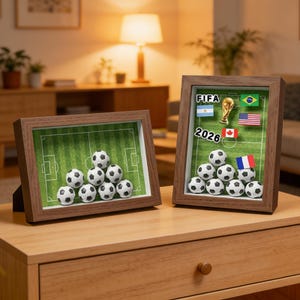 May include: Two framed soccer-themed art pieces. Each features a miniature soccer field with soccer balls. One frame includes the text "FIFA 2026" and flags of participating countries. The frames have a brown wooden finish.