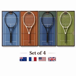 May include: A set of four framed wall art pieces, each featuring a tennis racket mounted over a graphic of a tennis court. The courts are colored blue, orange, green, and light green, with text labels and national flags for Australia, France, the USA, and the UK.
