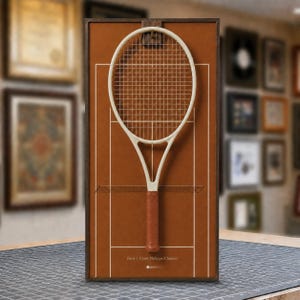 May include: A white tennis racket mounted on a rectangular brown board featuring a white tennis court diagram. The racket has a brown grip and is positioned vertically. The text "Paris | Court Philippe-Chatrier" is printed at the bottom center.