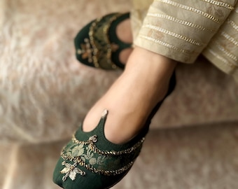 Scarpe da sposa/ballerine khussa punjabi/ricamate in rame/verde khussa jutti