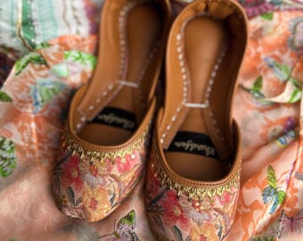 Floral Khussa Flats: Peach Orange Indian Jutti with Golden Lace