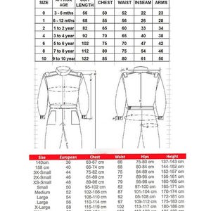 May include: A detailed chart with measurements for children's racing suits. The chart includes sizes, approximate ages, suit lengths in cm, chest, waist, inseam, and arm measurements in cm, and European sizes with corresponding chest, waist, hips, and height in cm.