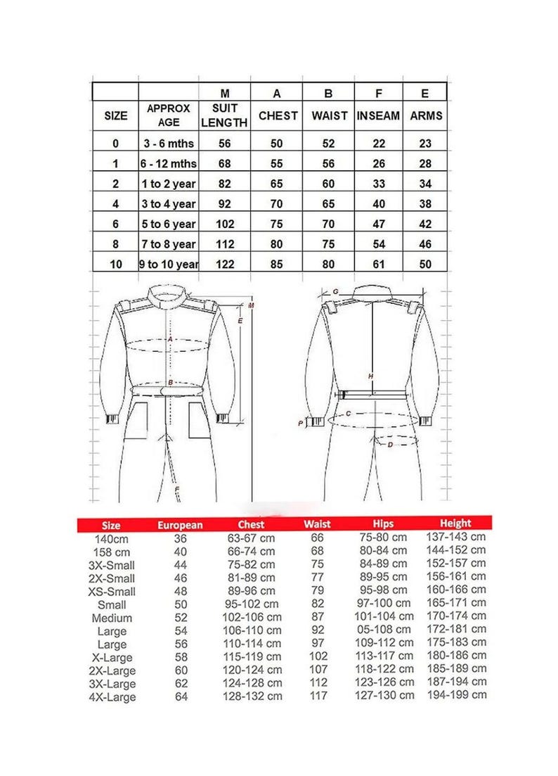 May include: A detailed chart with measurements for children's racing suits. The chart includes sizes, approximate ages, suit lengths in cm, chest, waist, inseam, and arm measurements in cm, and European sizes with corresponding chest, waist, hips, and height in cm.