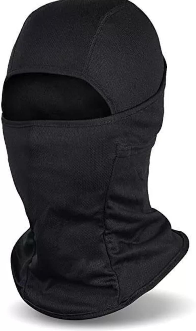 May include: A black balaclava with an eye opening and neck coverage. The balaclava is made of a breathable, textured material. This headwear is designed for protection from the elements.