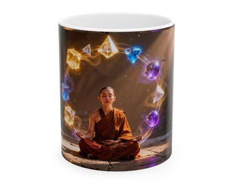 Meditating Monk Ceramic Mug | Zen Buddha Illustration, Mindfulness Tea Coffee Cup
