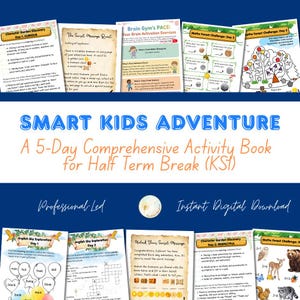 Op de afbeelding: Een blauwe afbeelding met de tekst "SMART KIDS ADVENTURE" en "A 5-Day Comprehensive Activity Book for Half Term Break (KSI)". De afbeelding toont activiteitpagina's met kleurrijke illustraties en tekst.
