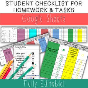 May include: A digital student checklist for homework and tasks in Google Sheets. The layout features colorful columns for subjects like ELA, math, and science, with checkboxes for completion. Colored pencils are placed over the document templates.