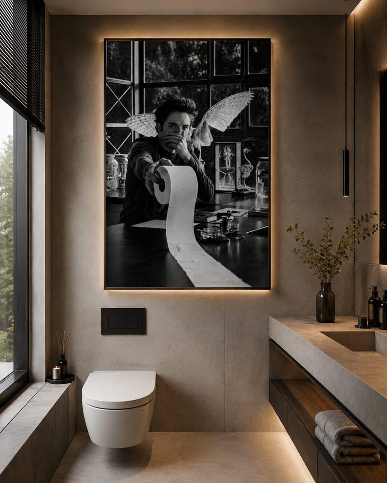 May include: A rectangular wall art print featuring a black and white photograph of a person with wings holding a roll of toilet paper, displayed in a modern bathroom with a white wall-mounted toilet and a concrete vanity with stacked towels.