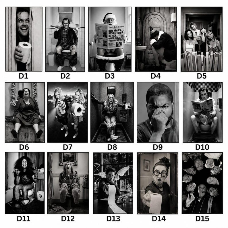 May include: A collection of fifteen black and white photographic prints labelled D1 through D15, each depicting a different person in a bathroom setting, including various poses, expressions, and props like toilet paper, newspapers, and axes.