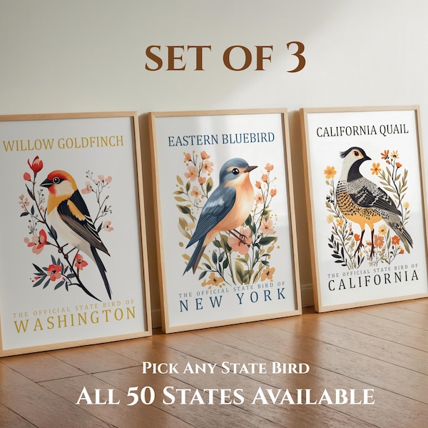 State Bird Poster Set of 3 Vintage Bird Wall Art Choose Any US State Nature Print Decor Gift poster for room