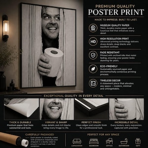 May include: A black and white poster print featuring a man peering through a door opening while holding a roll of toilet paper. The text reads Premium Quality Poster Print, Made to Impress, Built to Last, and details quality features.