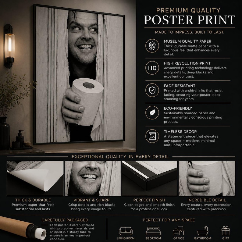 May include: A black and white poster print featuring a man peering through a door opening while holding a roll of toilet paper. The text reads Premium Quality Poster Print, Made to Impress, Built to Last, and details quality features.