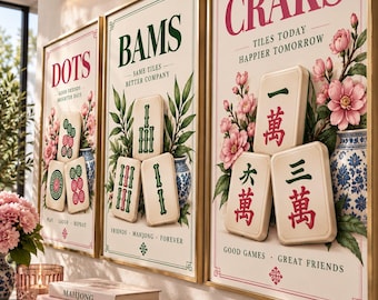 Mahjong Wall Art, Dots Bams Craks Poster, Mahjong Art Print, Game Room Decor, Mahjong Gift, Poster or Canvas