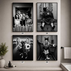 May include: Four black and white framed wall art prints labelled D5, D6, D7, and D8. D5 shows three people standing behind a counter. D6 shows a person sitting on a ledge. D7 shows two people holding toilet paper rolls. D8 shows a person in a stall.