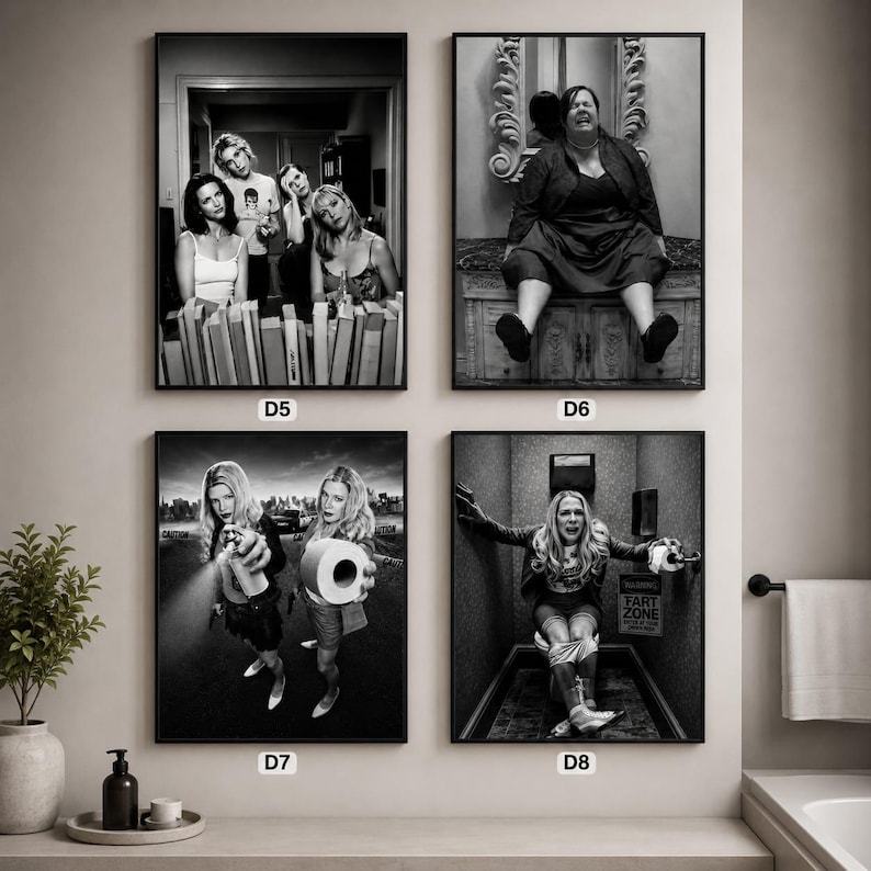 May include: Four black and white framed wall art prints labelled D5, D6, D7, and D8. D5 shows three people standing behind a counter. D6 shows a person sitting on a ledge. D7 shows two people holding toilet paper rolls. D8 shows a person in a stall.