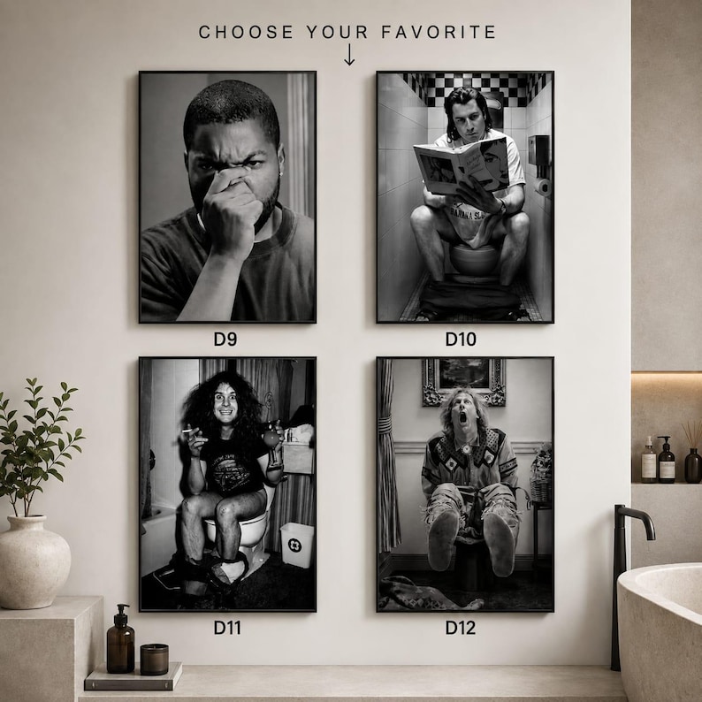 May include: Four black and white framed wall art prints labelled D9, D10, D11, and D12. The prints feature portraits of individuals in various settings, including a person covering their nose, reading a book, holding a drink, and sitting.