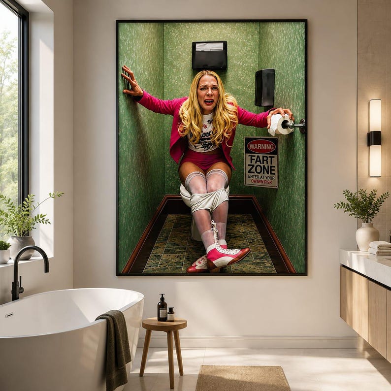 May include: A framed wall art print depicting a person with long blonde hair wearing a pink blazer, white top, and pink shorts, sitting on a toilet in a green-walled room. A sign on the wall reads WARNING FART ZONE ENTER AT YOUR OWN RISK.
