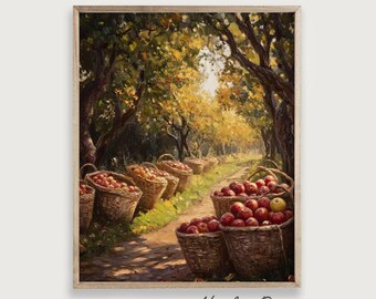 秋の収穫の壁アート 畑の女性 秋のリンゴの絵画 素朴な農家のプリント