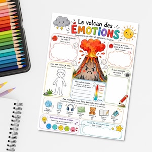 May include: A printable activity sheet titled Le volcan des émotions featuring a central volcano illustration, sections for drawing and writing about anger, a body outline, a thermometer scale, and icons for calming strategies like water and music.