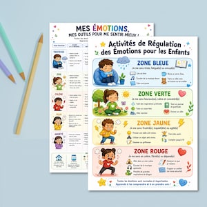 Pode incluir: Dois cartazes educativos intitulados Mes Émotions e Activités de Régulation des Émotions pour les Enfants, com ilustrações coloridas de crianças expressando várias emoções e estratégias, acompanhados por três lápis de cor.