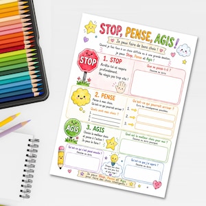May include: A colorful educational worksheet titled STOP, PENSE, AGIS! featuring sections for emotional regulation with illustrations of a stop sign, a cloud, a tree, a pencil, and stars. The page includes prompts for writing and drawing.