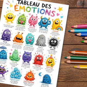 Peut inclure: Une affiche blanche intitulée TABLEAU DES ÉMOTIONS présentant des monstres de dessin animé colorés illustrant diverses émotions comme la joie, la gratitude, l'amour et la colère, avec des descriptions en français et des crayons de couleur.
