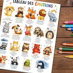 May include: A white educational poster titled TABLEAU DES ÉMOTIONS featuring colorful illustrations of animals representing various feelings, each with a French label and descriptive text. The poster is displayed next to several colored pencils.