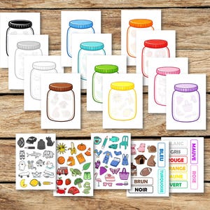 May include: A collection of illustrated cards featuring mason jars with various colored lids and filled with different objects. Additional cards display colorful illustrations of various objects and color swatches with French color names.