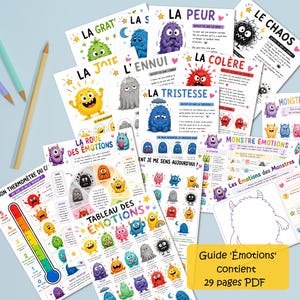 Può includere: Una raccolta di schede didattiche con colorati mostri dei cartoni animati che rappresentano varie emozioni, con etichette in francese come La Peur, La Joie e La Colère, accompagnate da due matite di legno su uno sfondo azzurro.