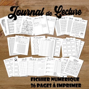 Pode incluir: Um conjunto de páginas de diário de leitura imprimíveis em preto e branco, com vários layouts, incluindo resenhas de livros, registros de leitura e rastreamento de metas. As páginas incluem o texto "Journal de Lecture" e "FICHIER NUMERIQUE 36 PAGES À IMPRIMER".