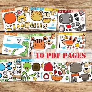 Può includere: Dieci pagine PDF stampabili con lavoretti di ritaglio e incolla di animali. Ogni pagina include parti di animali illustrate, come un leone, un leopardo, un procione e una volpe, con istruzioni per tagliare e assemblare. Su una superficie di legno.
