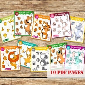Può includere: Una collezione di pagine di attività di ritaglio e incolla colorate con vari animali dei cartoni animati, tra cui un orso, una tigre, un coniglio e un elefante. Ogni pagina presenta forme di animali e il testo "CUT AND GLUE". Il testo "10 PDF PAGES" è anche visibile.