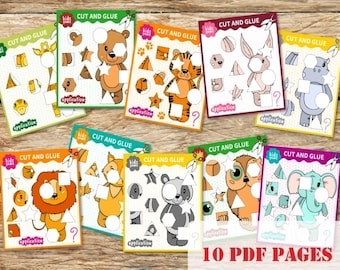 May include: A set of children's cut-and-glue activity sheets with cartoon animal illustrations. The sheets feature a bear, tiger, rabbit, and elephant, with the text "CUT AND GLUE". The image also displays the text "10 PDF PAGES".
