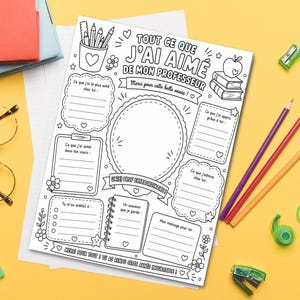 May include: A black and white printable activity sheet titled TOUT CE QUE J'AI AIMÉ DE MON PROFESSEUR, featuring a central oval frame, writing prompts, and illustrations of pencils, books, and flowers, designed for students to fill out.